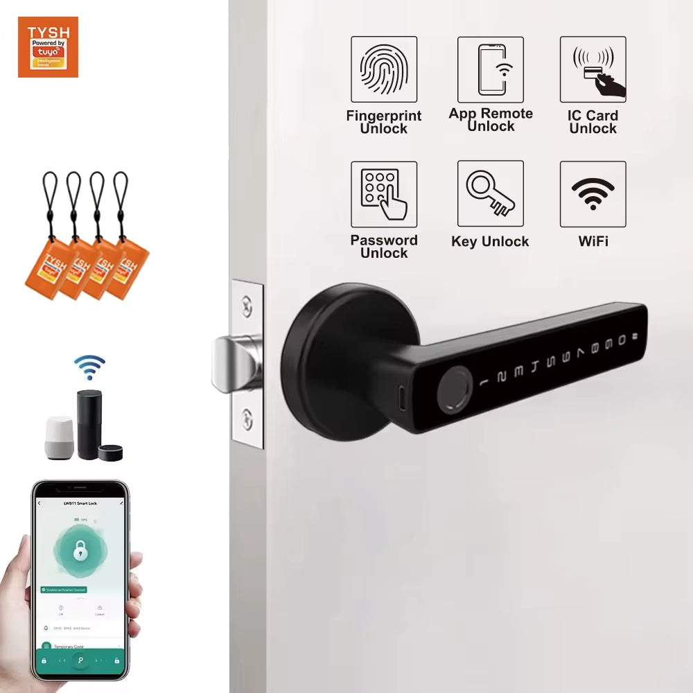 Tuya Biometric Fingerprint Password Electric Handle Door Lock Bedroom Home Wood Smart Door Lock Smart Lock