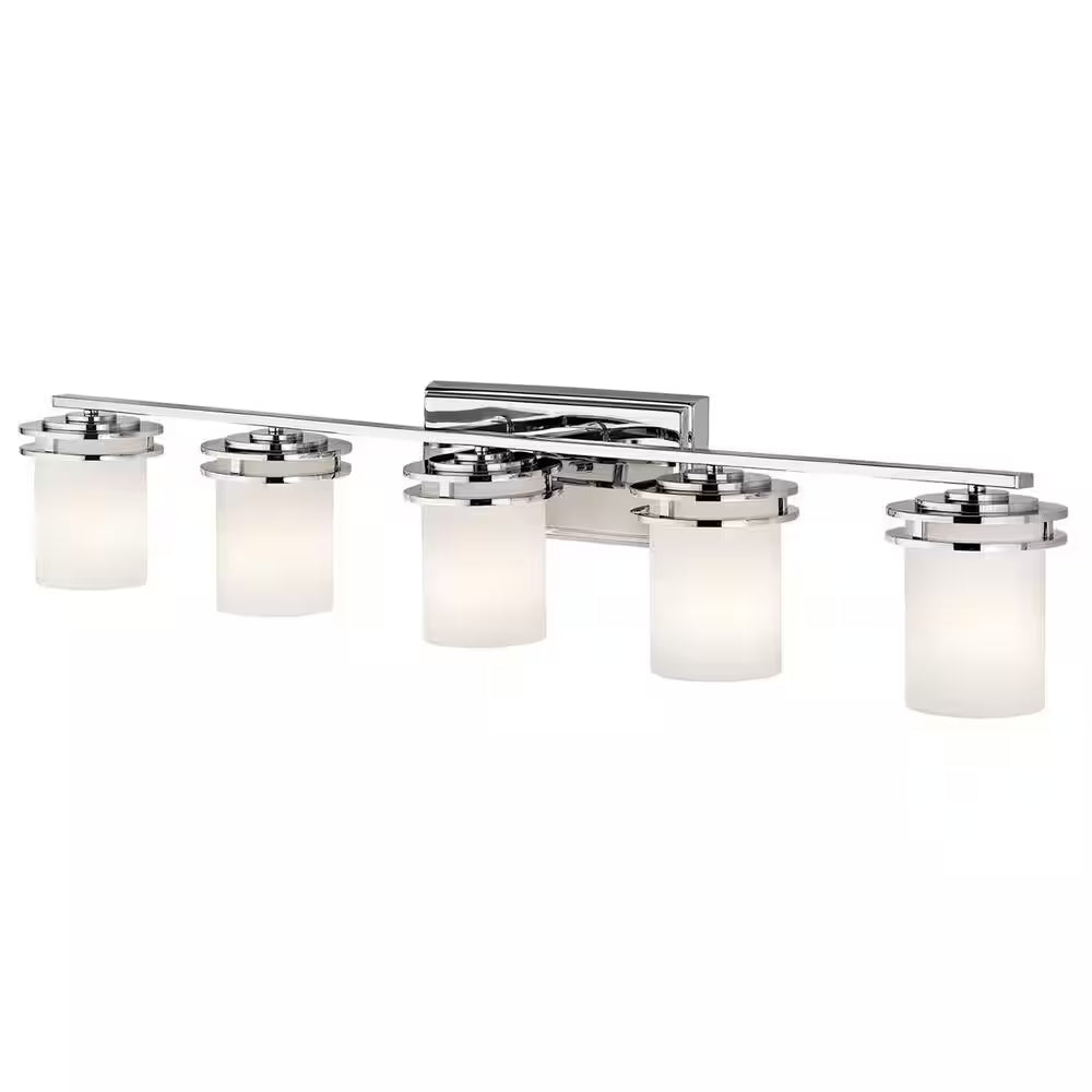 Hendrik 43 In. 5-Light Chrome Contemporary Bathroom Vanity Light with Etched Glass Shade