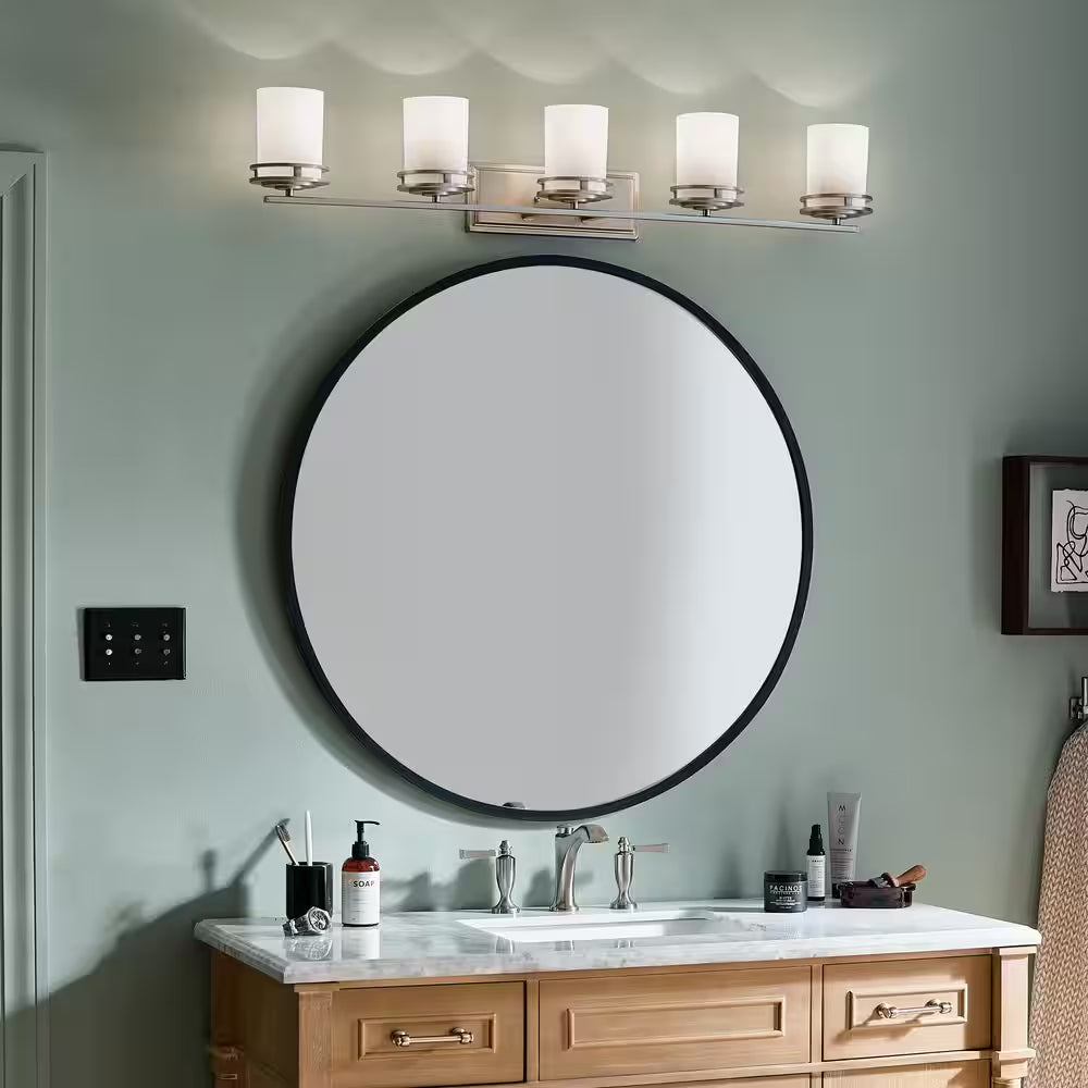 Hendrik 43 In. 5-Light Chrome Contemporary Bathroom Vanity Light with Etched Glass Shade