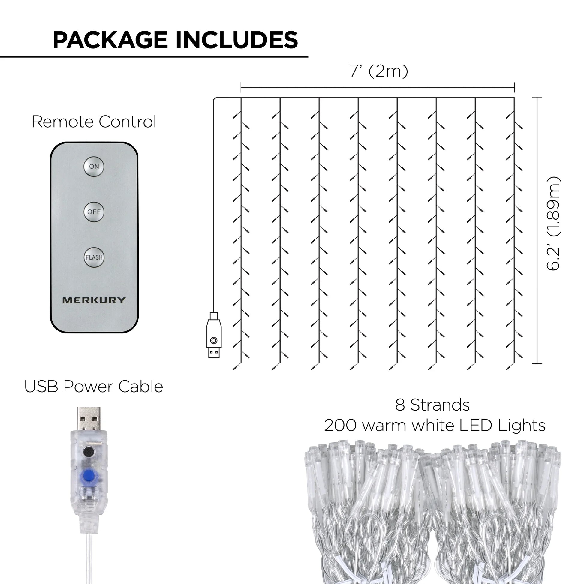 200-Count Warm White LED Curtain String Lights with Remote, Usb-Powered, Indoor Use, 7 Ft X 6.2 Ft,