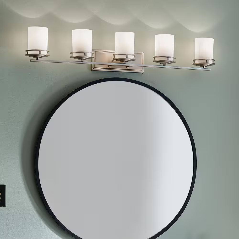 Hendrik 43 In. 5-Light Chrome Contemporary Bathroom Vanity Light with Etched Glass Shade