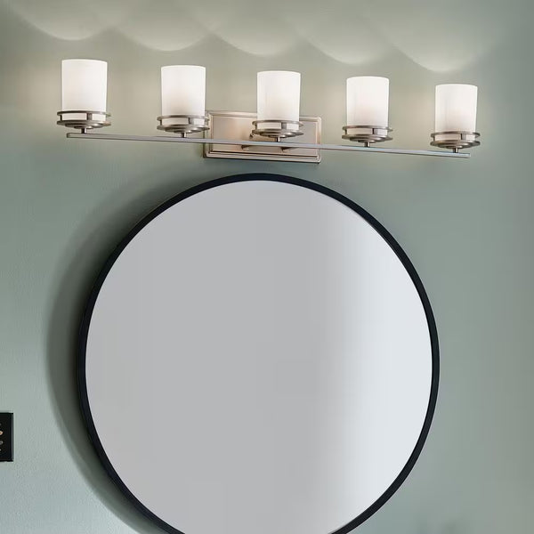 Hendrik 43 In. 5-Light Chrome Contemporary Bathroom Vanity Light with Etched Glass Shade