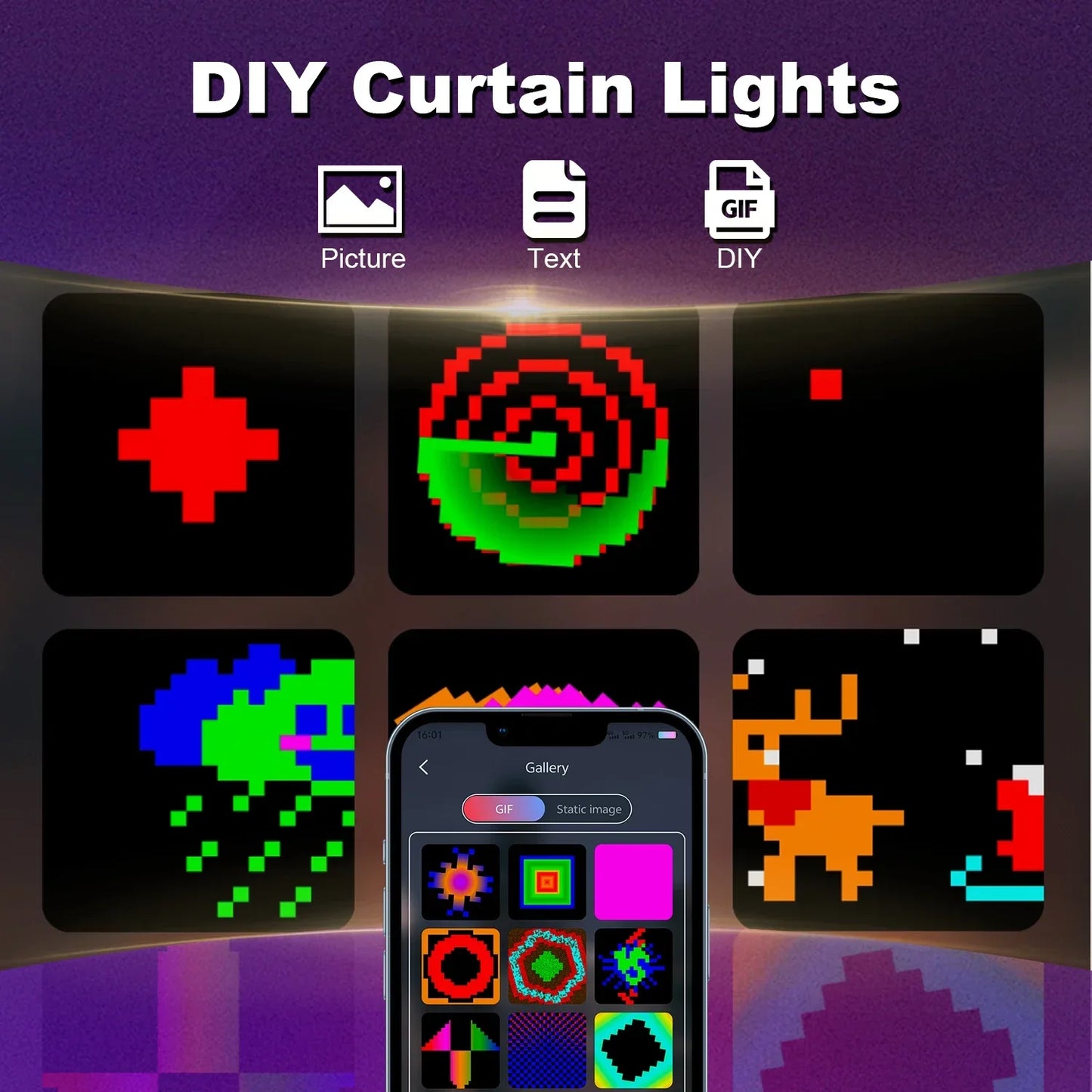 Smart LED Curtain Light APP Control RGB Dimmable DIY Pattern Music Ambient Lighting for Home Holiday Party Christmas Decoration