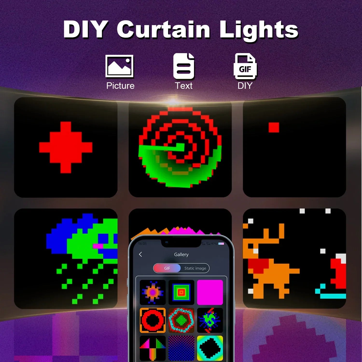 Smart LED Curtain Light APP Control RGB Dimmable DIY Pattern Music Ambient Lighting for Home Holiday Party Christmas Decoration