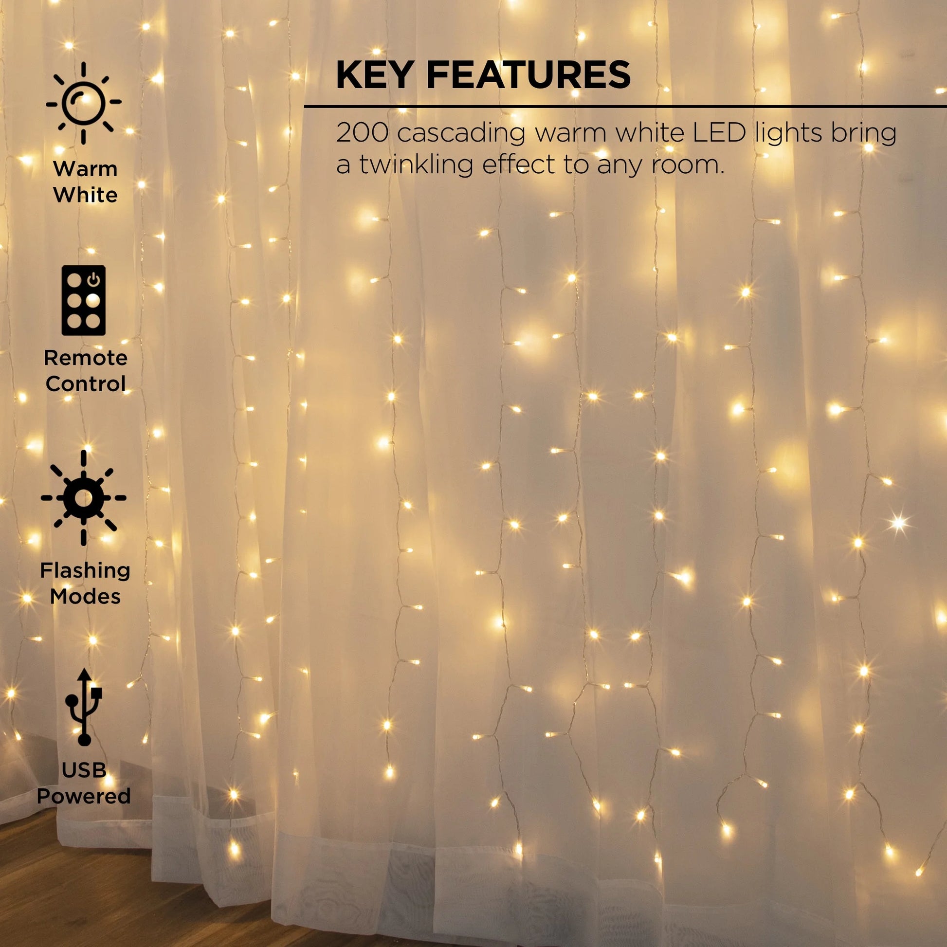 200-Count Warm White LED Curtain String Lights with Remote, Usb-Powered, Indoor Use, 7 Ft X 6.2 Ft,