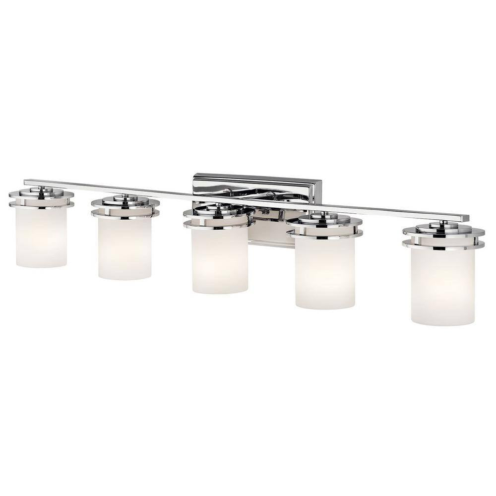 Hendrik 43 In. 5-Light Chrome Contemporary Bathroom Vanity Light with Etched Glass Shade
