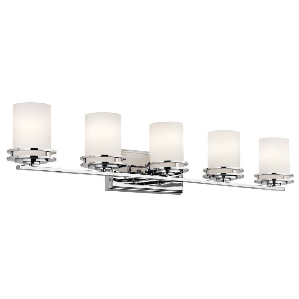 Hendrik 43 In. 5-Light Chrome Contemporary Bathroom Vanity Light with Etched Glass Shade