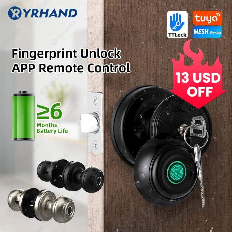 Round Knob Tuya Bluetooth Smart Lock Easy Install Cylindrical Electronic Digital Biometric Fingerprint Lock for Smart Home