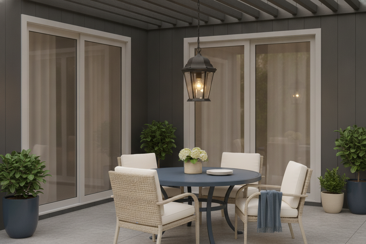 Black aluminum hanging pendant lamp with clear beveled glass, illuminating a modern outdoor patio at dusk.