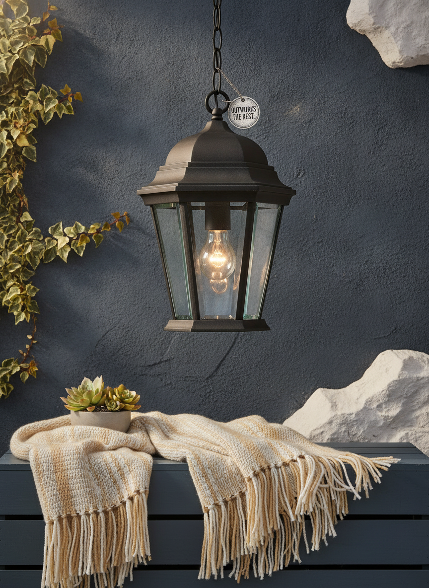 Black aluminum hanging lamp with clear beveled glass, displayed against a backdrop of slate blue and warm cream.